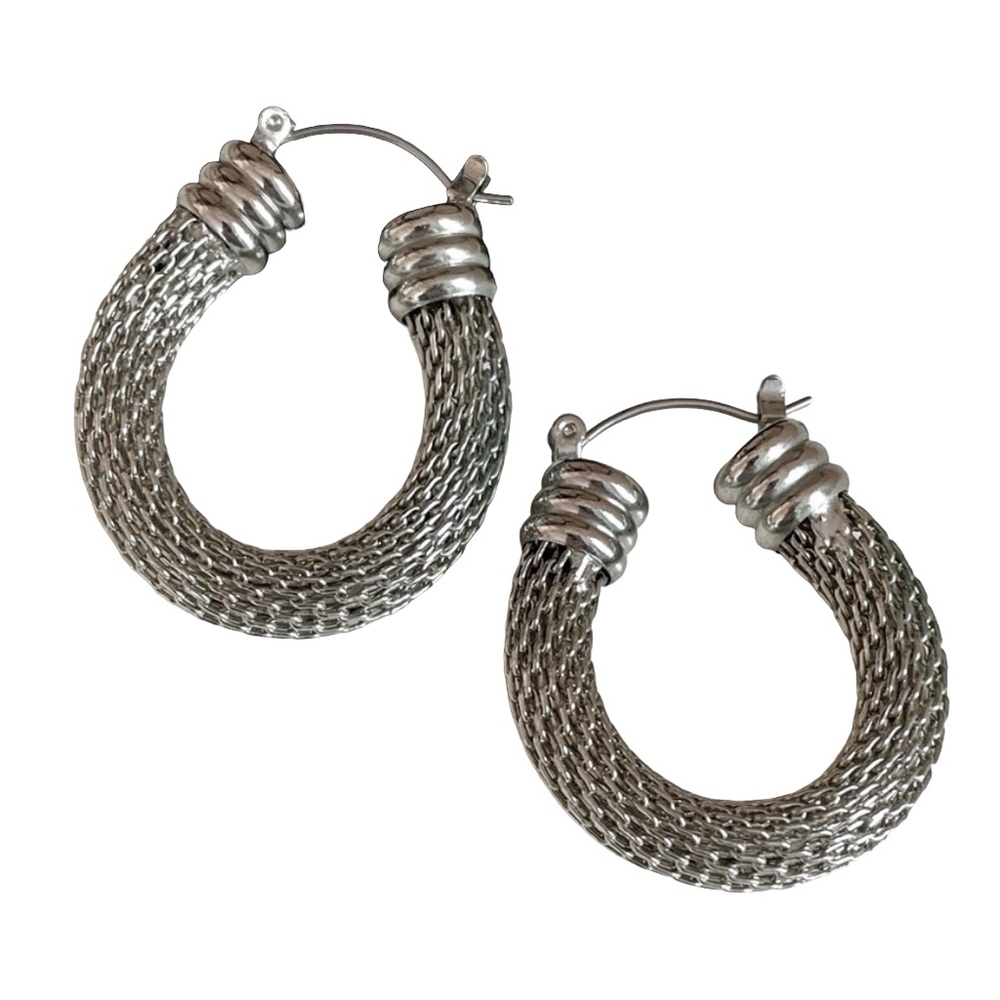 Vintage Silver Tone Mesh Pierced Hoop Earrings